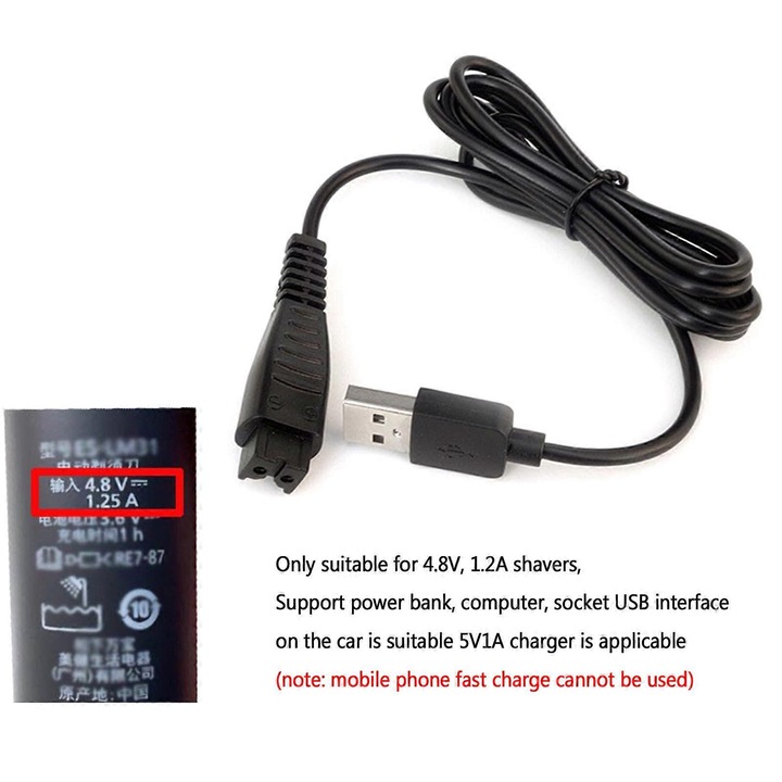 Cablu incarcator USB pentru aparat de ras electric, 4.8V 1.25A, negru, universal