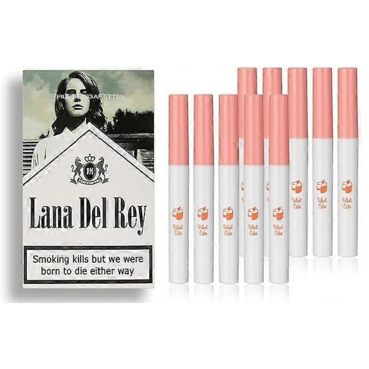 Set 10 rujuri buze, model cutie tigari Lana Del Rey, 10.5x1.3cm, portabile