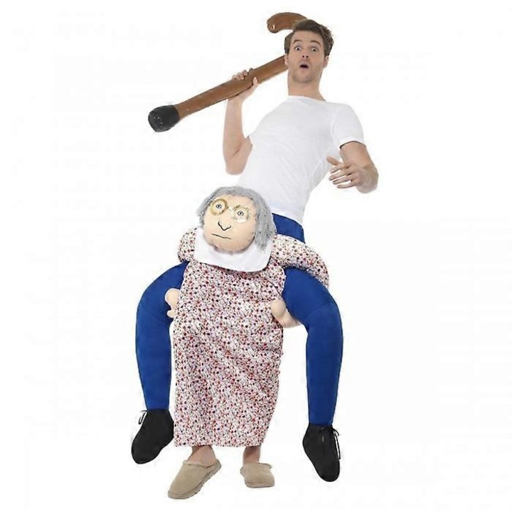 Costum carnaval unisex adult, Piggy Back, design bunica, material poliester, cu maner de transport, pachet cu fermoar