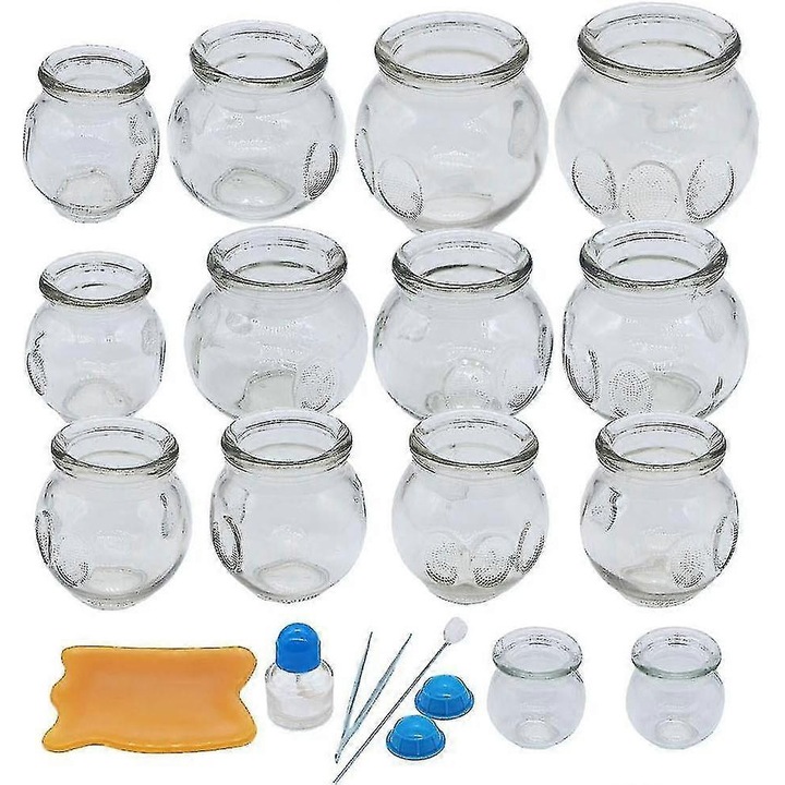 Set de ventuze, 14 piese, sticla groasa, design anti-derapant, dimensiuni variate