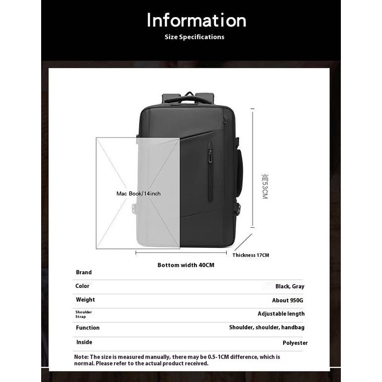 Geanta laptop REDAPRIC, extensibila 26L-38L, compartiment pentru laptop 14", impermeabila, 53x40x17cm