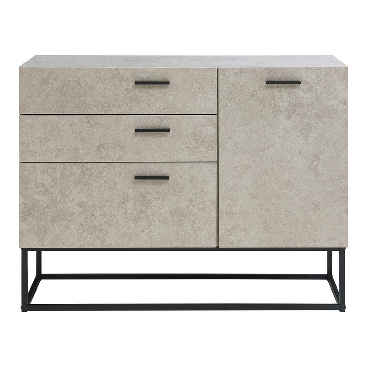 Comoda, en.casa, Lavangen, 75 x 100 x 35 cm, metal, pal, negru, efect beton nuanta deschisa, cu 1 usa si 3 sertare