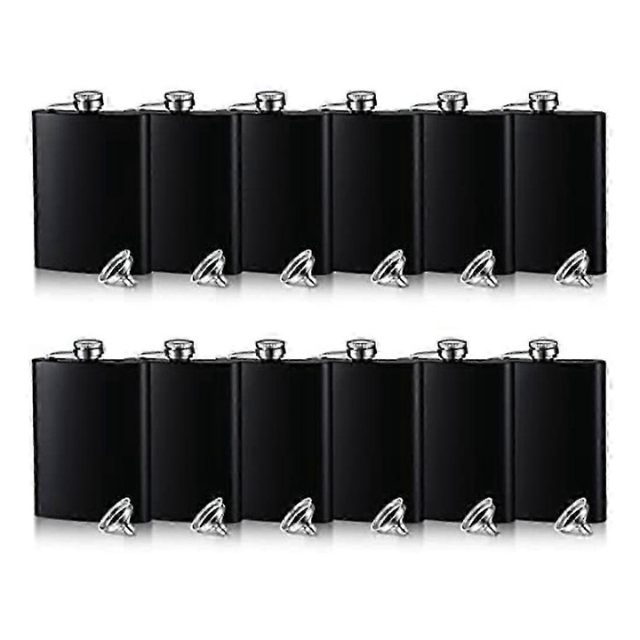 12 darabos rozsdamentes acél laposlombik, 8 oz, 12 tölcsérrel, fekete színben