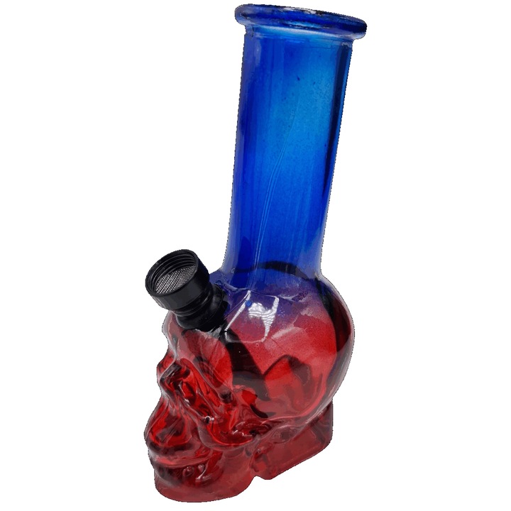 Bong sticla, model craniu, 14,5x7,5x6cm, albastru/rosu