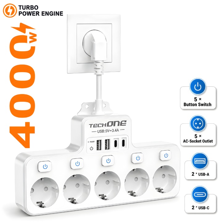 Prelungitor Scurt Techone® PowerHub 9X, 4000W, 16A, 5 Prize Normale cu Intrerupator Individual, 2 USB, 2 USB Type C, Posibilitate Montare Perete sau Masa, Cablu Cupru, Ignifug, Alb