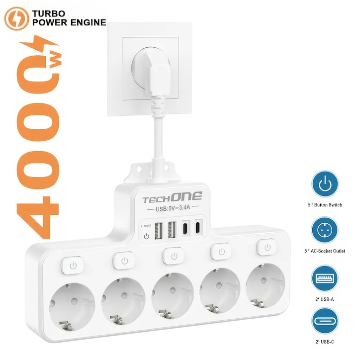 Prelungitor Scurt Techone® PowerHub 9X, 4000W, 16A, 5 Prize Normale cu Intrerupator Individual, 2 USB, 2 USB Type C, Posibilitate Montare Perete sau Masa, Cablu Cupru, Ignifug, Alb