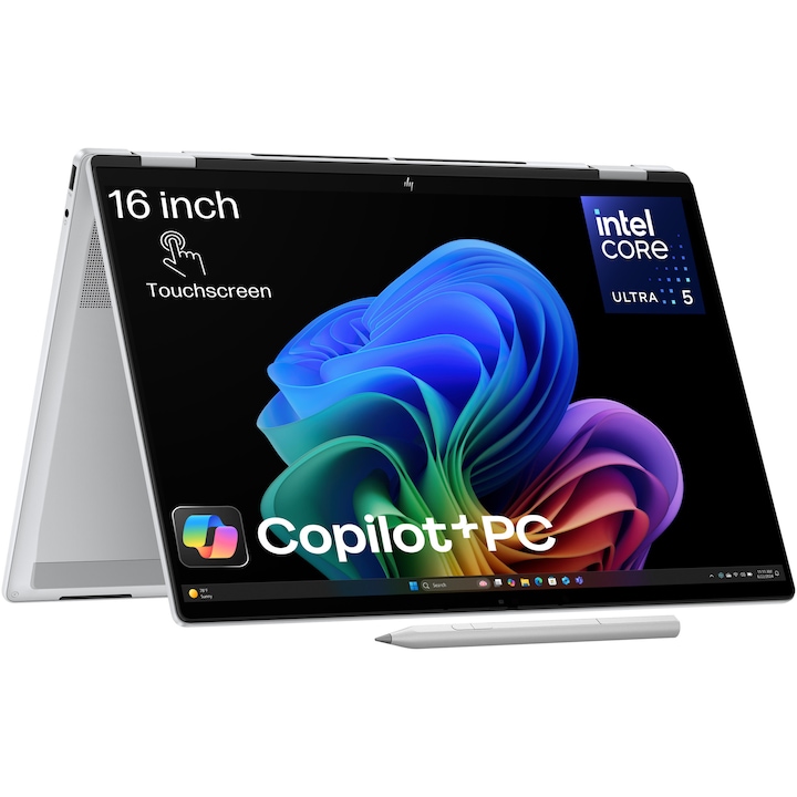 HP OmniBook X Flip 16-as0025nn laptop Intel® Core™ Ultra 5 226V processzorral, akár 4.5GHz-ig, 16'', 2K, IPS, érintőképernyős, 16GB LPDDR5x RAM, 512GB SSD, Intel® Arc™, Windows 11 Home, gleccser ezüst