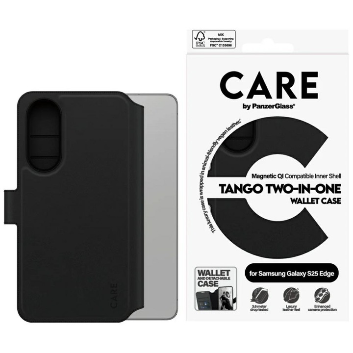 Калъф с капак CARE от PanzerGlass Feature Tango, съвместим със Samsung Galaxy S25 Edge, черен