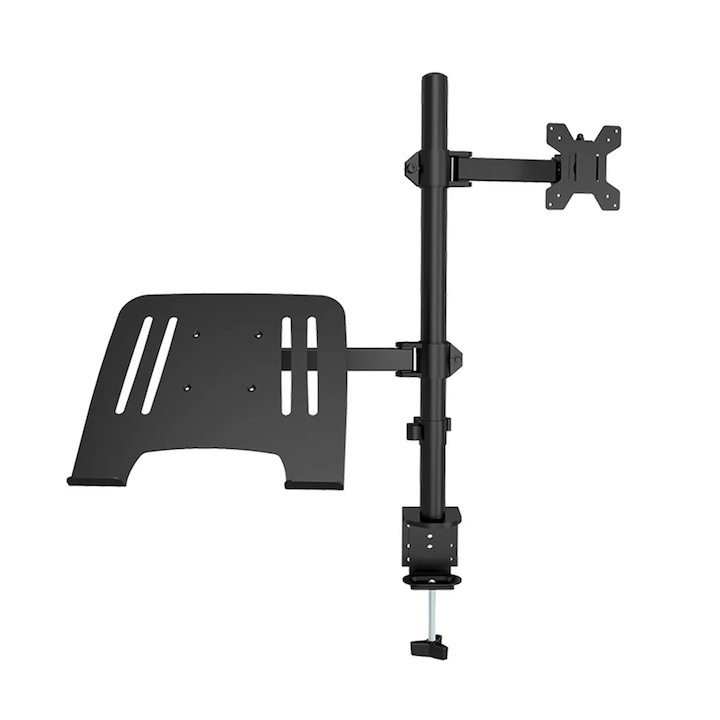 Monitor és laptop tartó asztalra, állítható kar asztali bilincsel, 360°-os forgatás, maximális terhelés 8 kg, 33–69 cm-es monitorhoz és 43 cm-es laptophoz, fekete