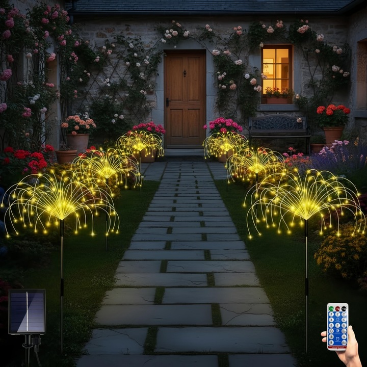 Set 6 Lampi Decorative Solare, Lumini alb cald, IP65 Rezistent la apa, Telecomanda, 8 Moduri de iluminare, Courtyard lights, Garden lights, 120 LEDs