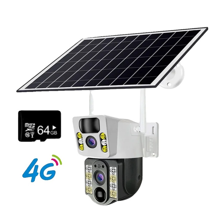 Camera solara PTZ, obiectiv dublu, urmarire umana prin inteligenta artificiala, card 4G+64G