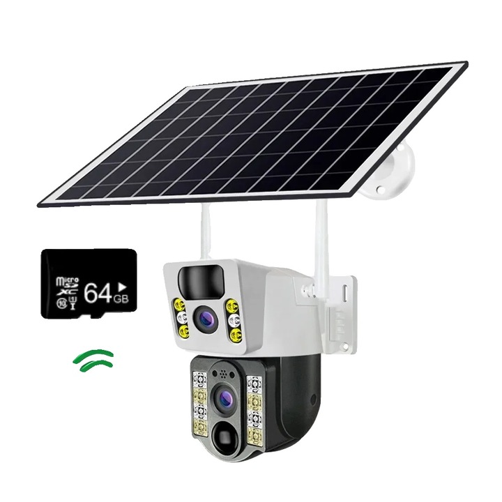 Camera solara PTZ, obiectiv dublu, urmarire umana prin inteligenta artificiala, card WIFI+64G