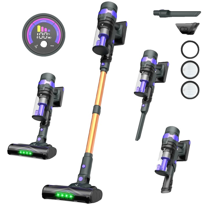 Aspirator fara fir, 500W, 60 minute autonomie, violet, set cu 3 perii