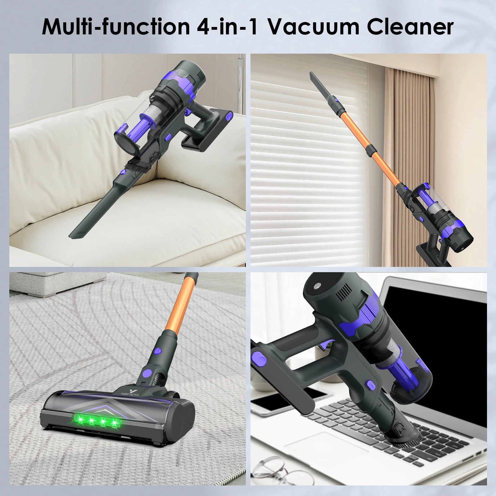 Aspirator fara fir, 500W, 60 minute autonomie, violet, set cu 3 perii