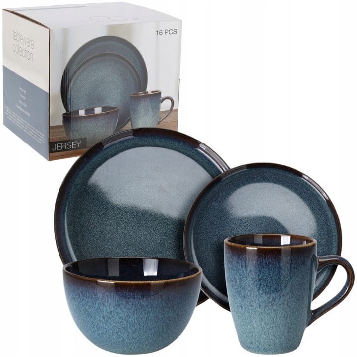 Koopman 4 személyes kőagyag asztalkészlet, 16 darabos, bézs-kék, mosogatógépben és mikrohullámú sütőben mosható