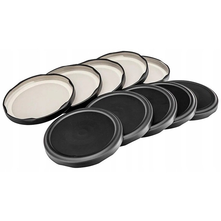 Set de 10 capace de borcan negru mat, diametru 82 mm, cu 6 carlige