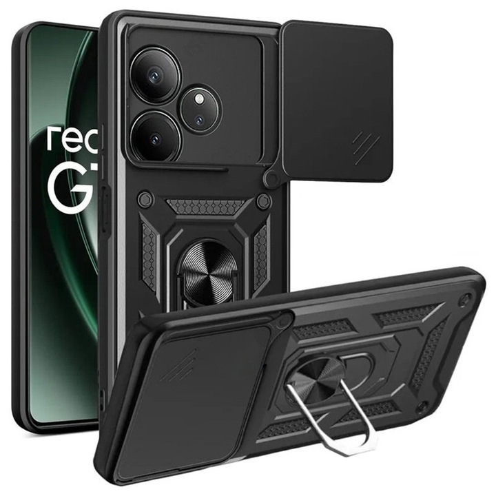 Husa de protectie compatibila cu Realme GT 6/GT 6T, CamShield Series, cu inel magnetic, protectie camera, margini intarite, TPU, Negru