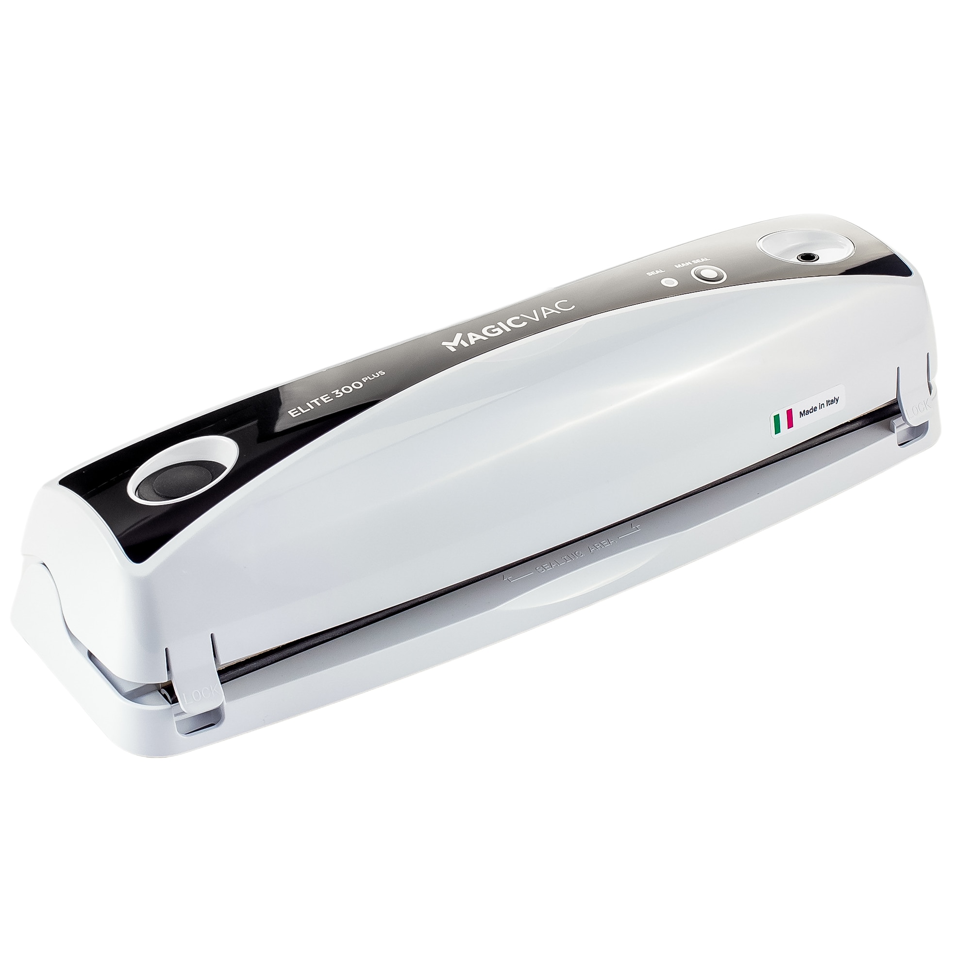 Aparat de vidat Magic Vac, ELITE 300 Plus, functie complet automata sau manuala, 9 litri/min, putere mare aspirare, -0,78 bar, cutter si set pungi incluse, furtun pentru vidare recipiente si pungi, argintiu/negru