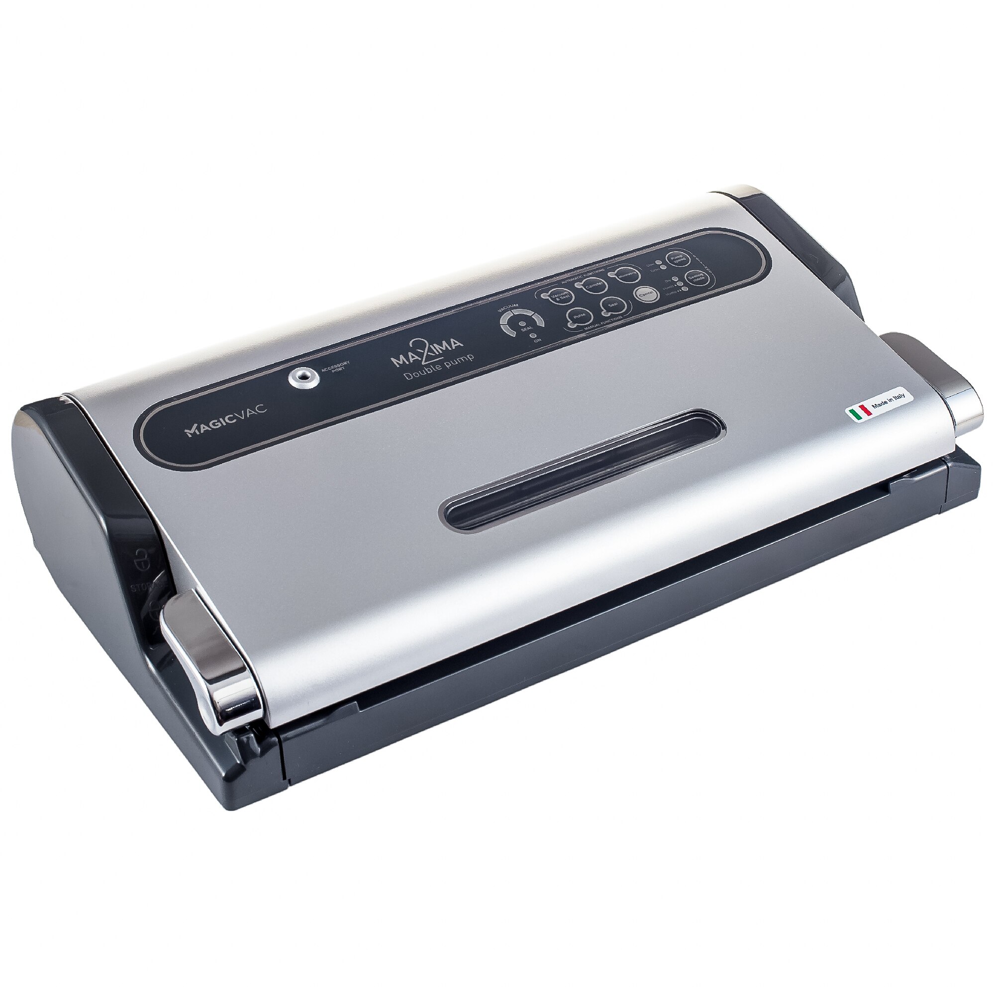 Aparat de vidat Magic Vac, Maxima 2, functie complet automata, 18 litri/min, putere mare de aspirare, setare tripla de sigilare, functie marinare, furtun pentru accesorii, cutter, rola si set de pungi incluse, compact, usor de curatat, argintiu/albastru