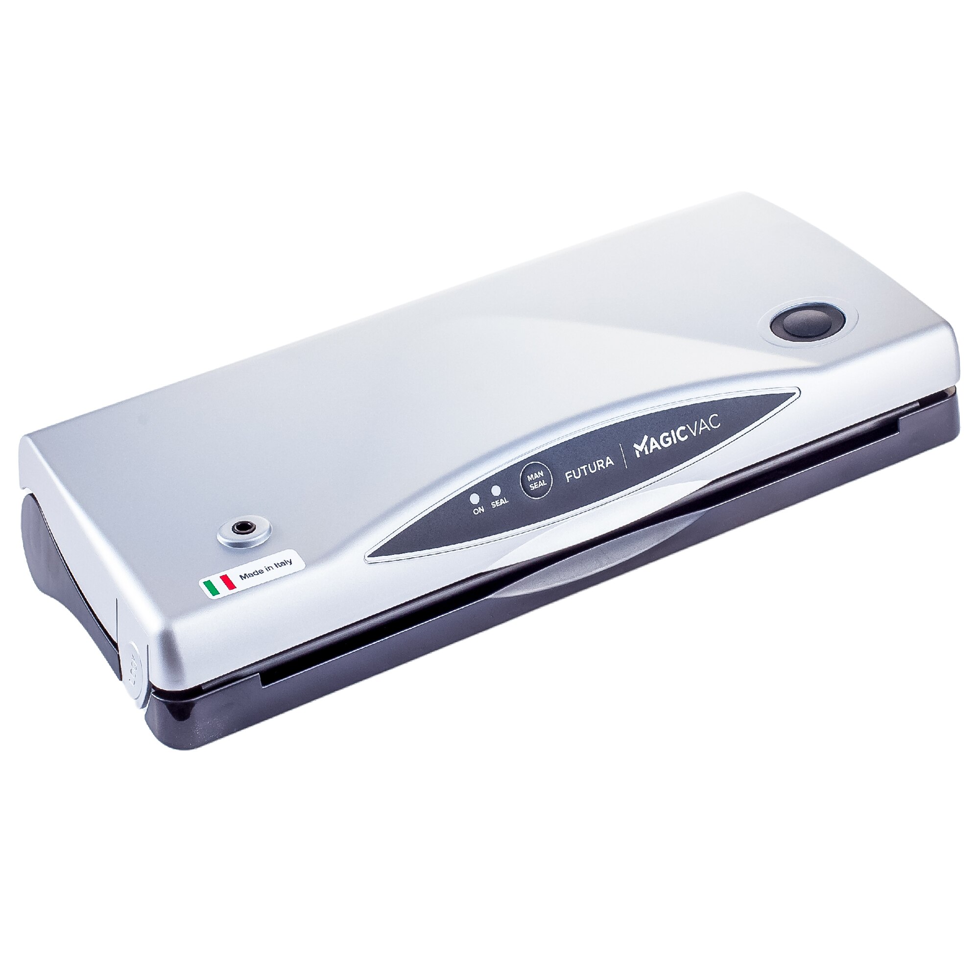 Aparat de vidat MagicVac, Futura, functie complet automata sau manuala, 10 litri/min, bara lipire 30 cm, putere mare aspirare, furtun si pungi incluse, argintiu/negru