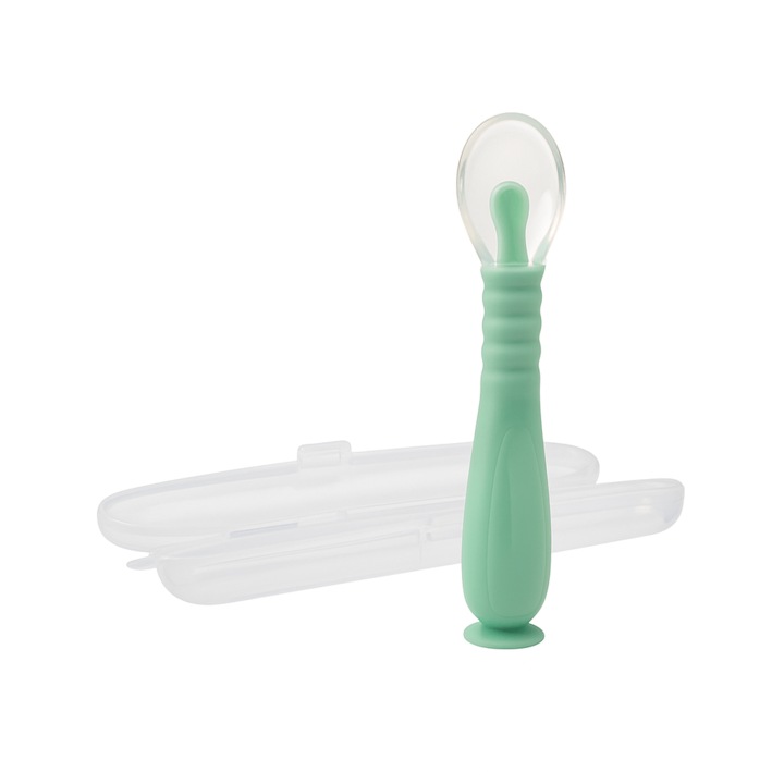 Lingurita bebe din silicon moale, cu maner flexibil, ventuza la baza si husa pentru depozitare Kidizi verde, 9 luni+