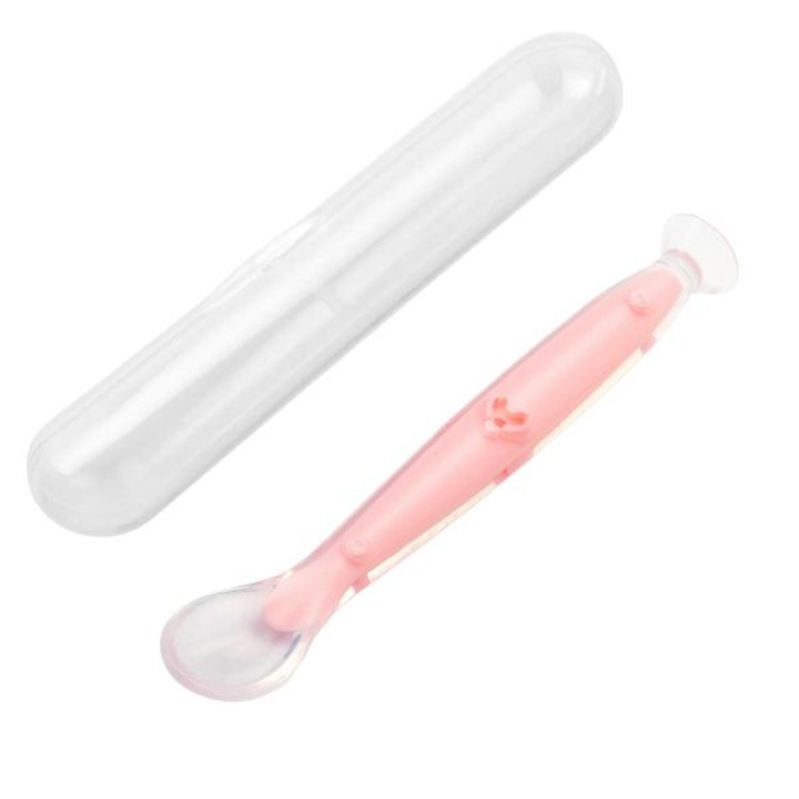 Мека силиконова лъжичка за бебе, с вендуза в основата и кутия за съхранение Kidizi розова, 6 месеца+, идеална за начало на захранване