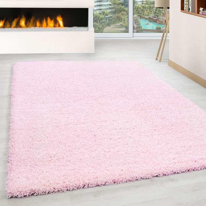 Covor Shaggy, Ayyildiz, 140x200 cm, Polipropilena, Unicolor, 2 000 g/m², Dreptunghiular, Spate Din Juta Naturala, Oeko-Tex Standard 100, Pentru Interior, Roz