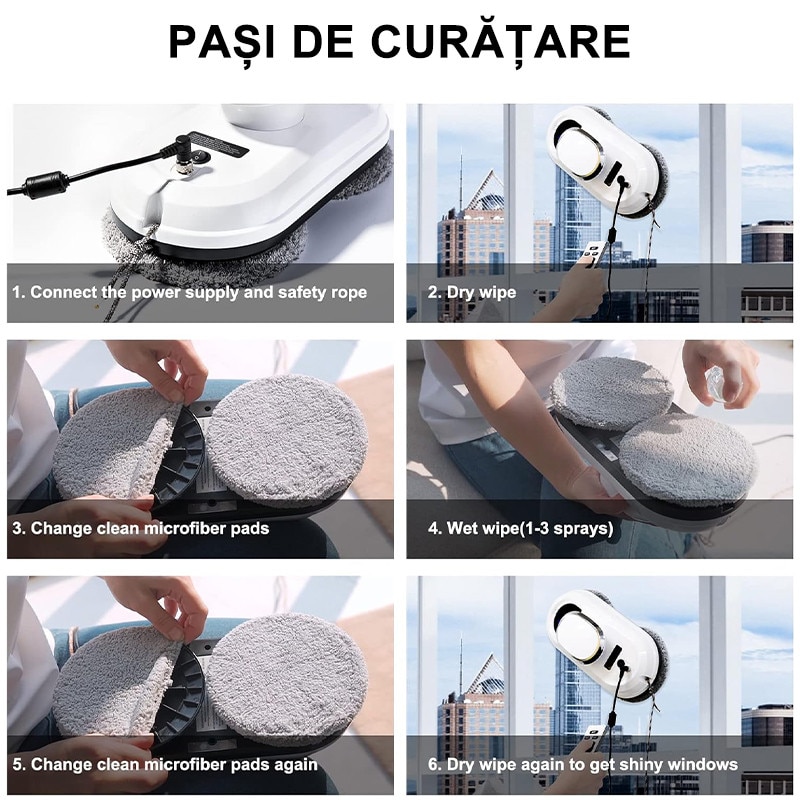 Robot de curatare geamuri, Rqiurpn, Ultra-Subtire, Spalare si Stergator Electric pentru Sticla, Control Telecomanda, Protectie Securitate Cvadrupla, Alb