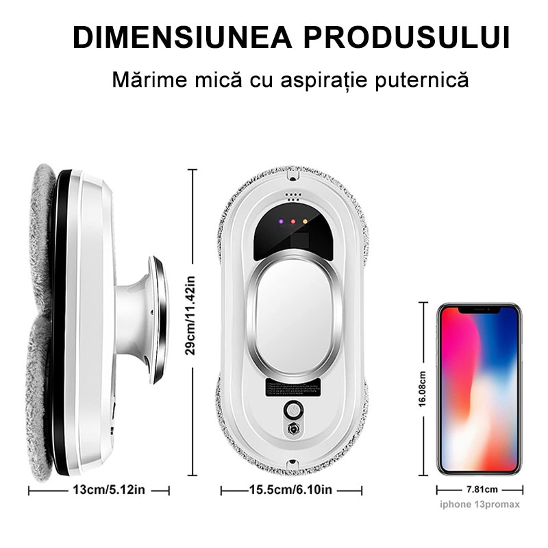 Robot de curatare geamuri, Rqiurpn, Ultra-Subtire, Spalare si Stergator Electric pentru Sticla, Control Telecomanda, Protectie Securitate Cvadrupla, Alb