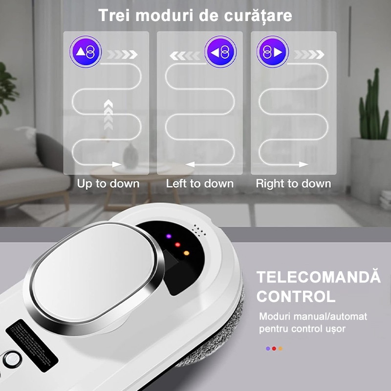 Robot de curatare geamuri, Rqiurpn, Ultra-Subtire, Spalare si Stergator Electric pentru Sticla, Control Telecomanda, Protectie Securitate Cvadrupla, Alb
