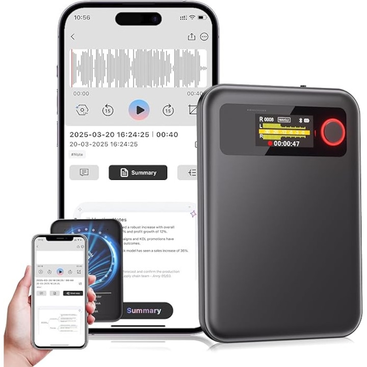 Reportofon cu traducator cu Chat GPT, inteligenta AI, 64 GB, 104 limbi, accepta rezumat, Bluetooth, prin aplicatie, microfon incorporat, sunet stereo, reducere a zgomotului, compatibil Android, iOS, Mac, Windows