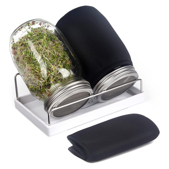 Set germinatoare seminte, Rqiurpn, 2 borcane cu gura larga 32 oz, Tava de scurgere, Rezidential, Inox/Sticla, Negru/Argintiu