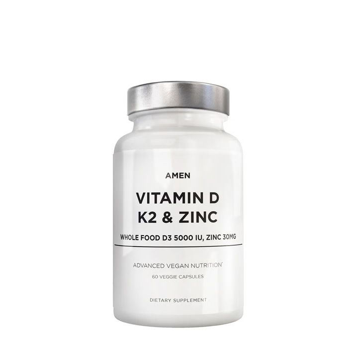 CodeAge Amen Vitamin D - K2 & Zinc - Vitamin D3, formula pentru imunitate, oase puternice si protectie cardiovasculara, 60 cps