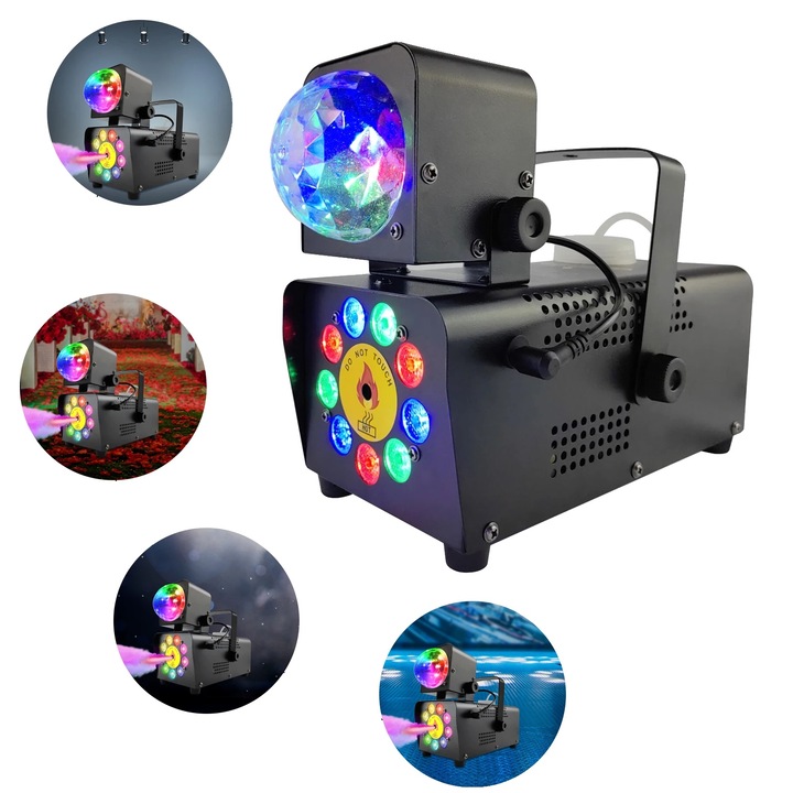 Masina de fum, telecomanda, LED 12 culori, 350ml, 8-10m spray