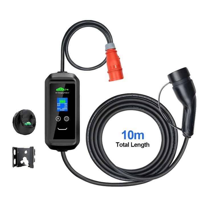 Incarcator EV, Tip 2, 11 kW, negru, cablu 10m, ajustare curent 6A-16A