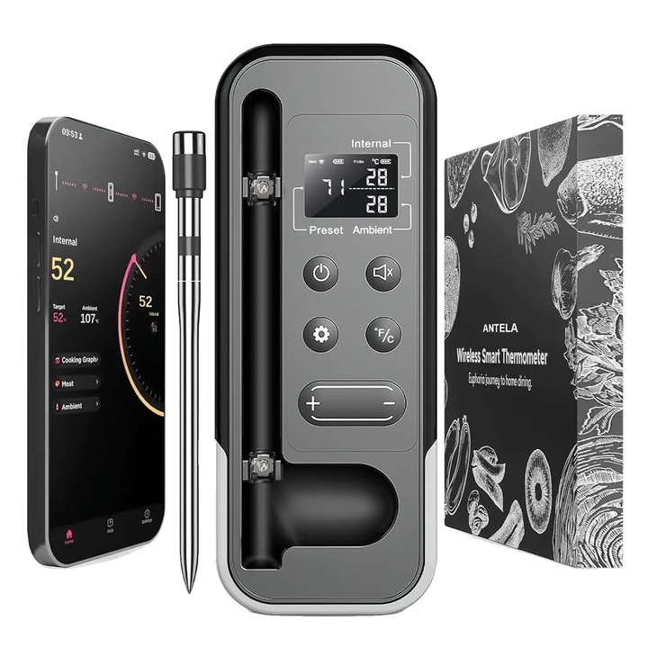 Термометър за месо, безжична връзка, наблюдение в реално време, черен