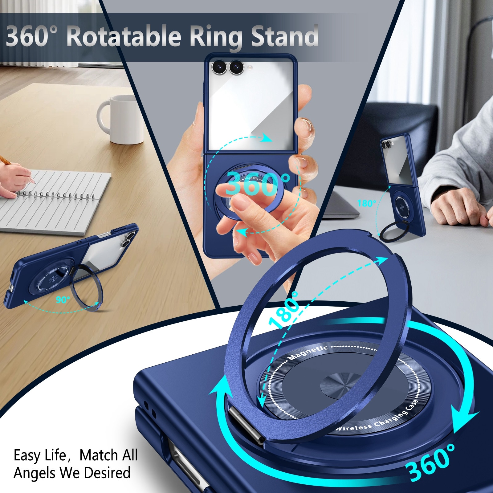 Husa MagSafe cu Inel Rotativ pentru Samsung Z Flip7, Incarcare Wireless, Albastru
