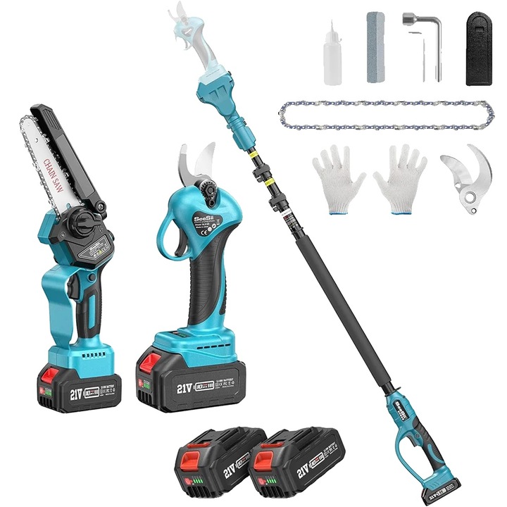 Електрически градински ножици, телескопични, с 2 батерии 4.0Ah, разтегателни 2.4 м, 4 начина на рязане