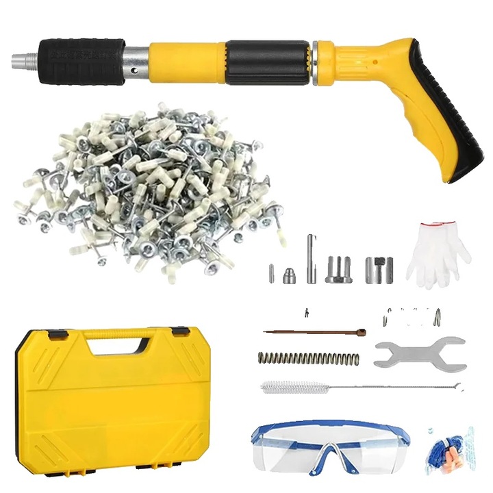 Пистолет за пирони, регулируема мощност, безшумна работа, жълт, комплект със 100 пирона и кутия за инструменти
