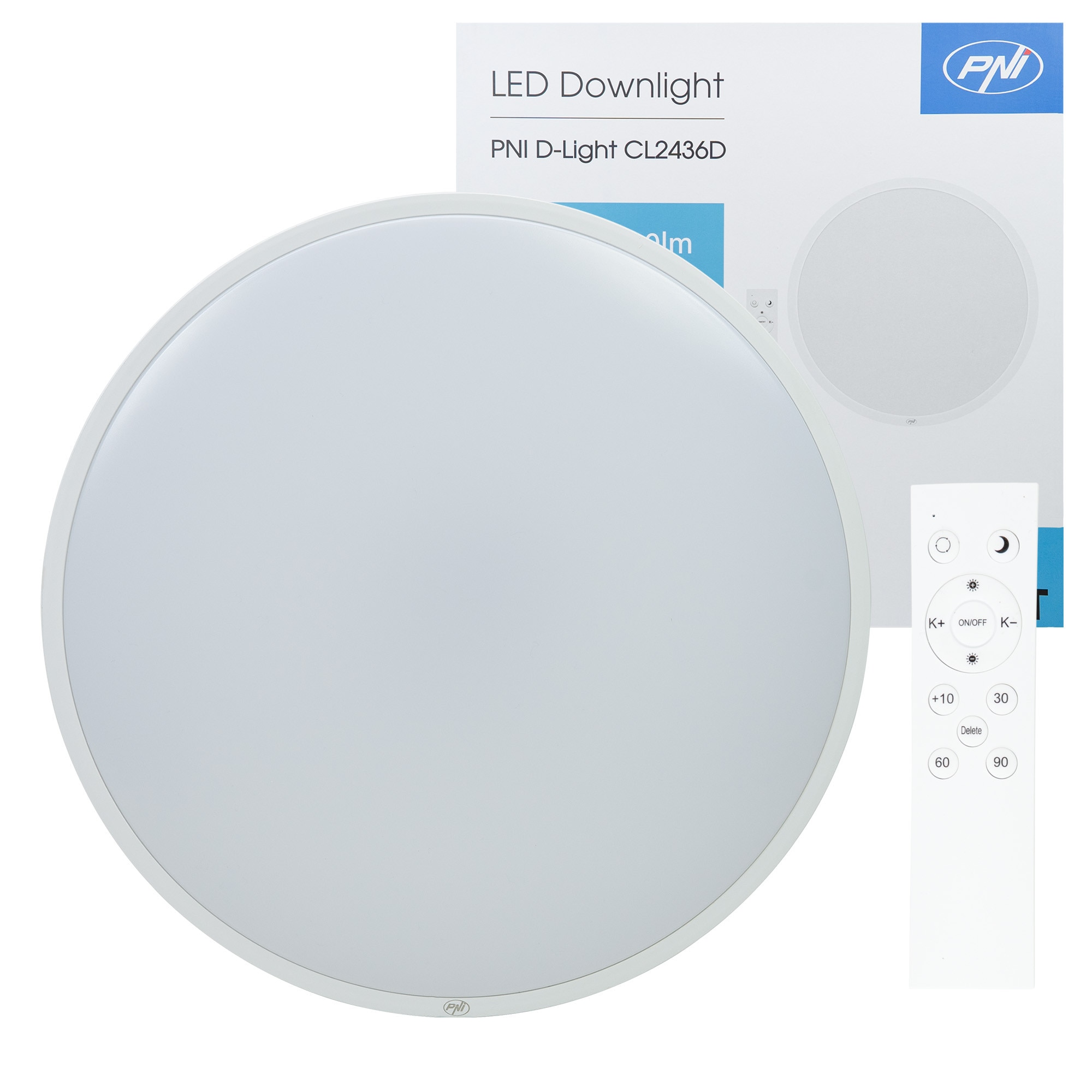 Plafoniera LED PNI D-Light CL2436D 36W, dimabila, cu telecomanda, rotunda 41cm, 3000K-6500K, alimentare 230V, 3600 lm, alb