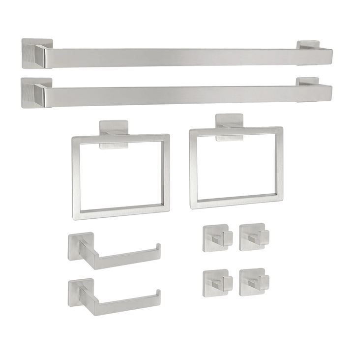 Fürdőszobai kiegészítők és tartók szett, 10 darabos, modern dizájn, falra szerelhető, ezüst