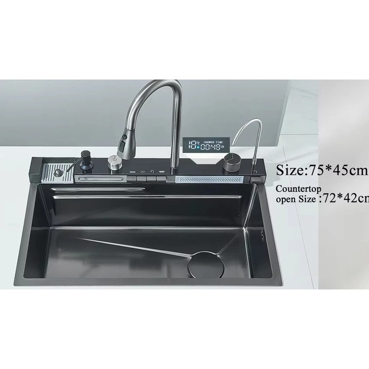 Chiuveta bucatarie, set complet cu robinet si dispenser de sapun, inox, forma rectangulara, 4 gauri, gri