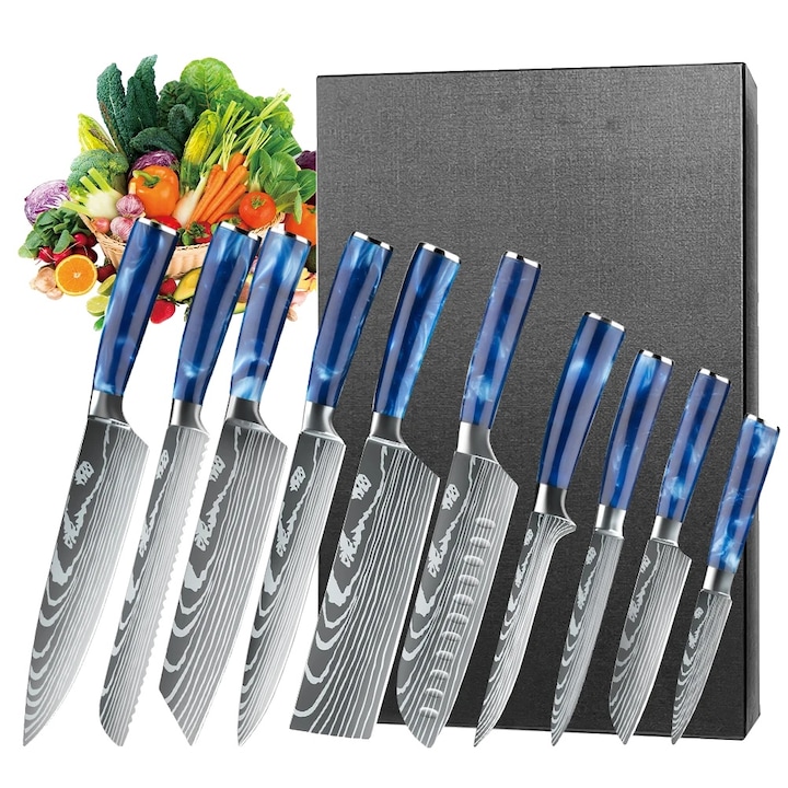 Set 10 cutite din otel inoxidabil, 22cm, Argintiu/Albastru