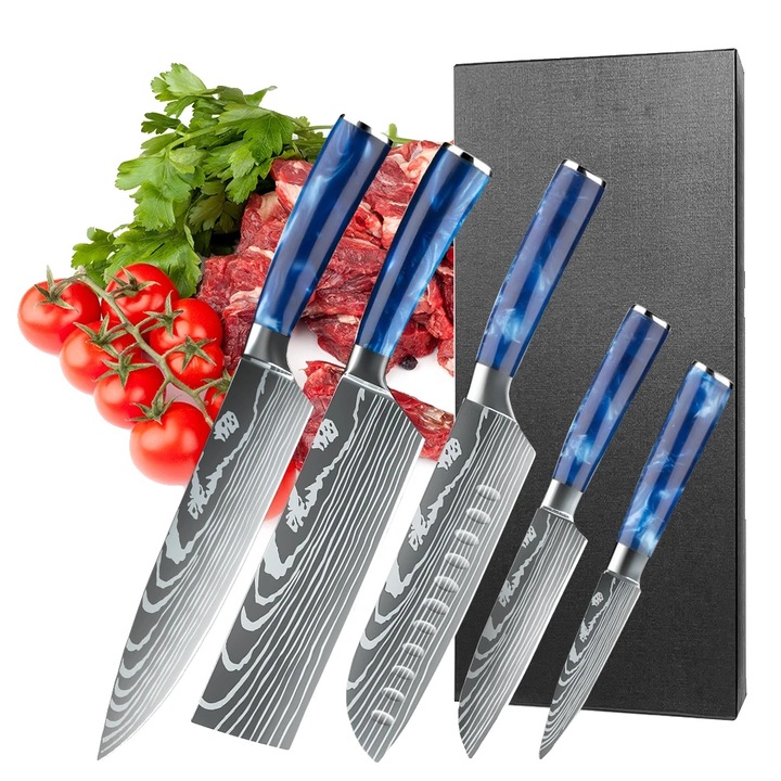 Set 5 cutite din otel inoxidabil, 22x33 cm, Argintiu/Albastru