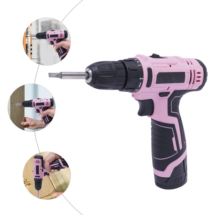 Set cu gaurit-fara-cablu roz de 12V, 21 de piese, 3/8 inch, viteza rapida, baterie Li-Ion, pentru lemn/metal, proiecte DIY Primare