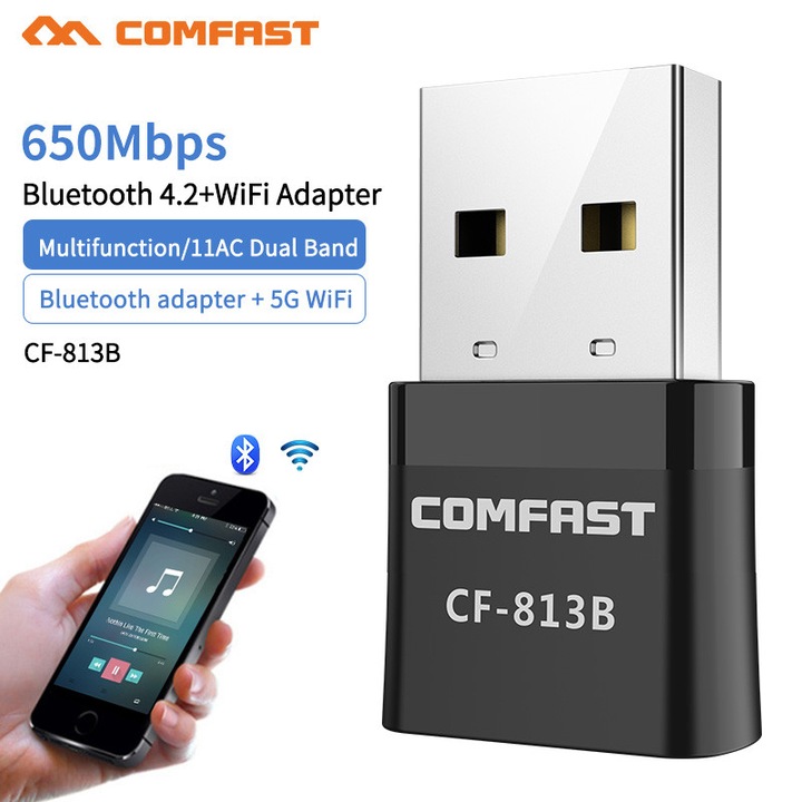 Adaptor wireless COMFAST CF-813B 650Mbps Bluetooth 4.2 negru 27x16x7mm Dongle 2 in 1 Dual Band - Receptor Wireless USB 2.4G si 5GHz