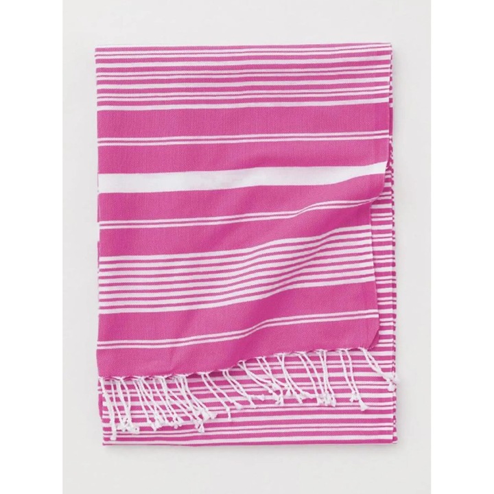 Prémium Peshtemal strand-, wellness-, medence- és fürdőlepedő 100% pamutból, Newtone, P-04, könnyű, nedvszívó, gyorsan száradó, hordozható, csíkos minta, 275 gr, 95x180 cm, fehér és fukszia színű