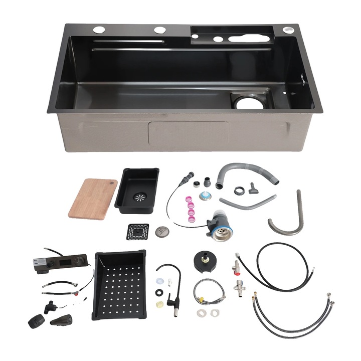 Chiuveta bucatarie, constructie din otel inoxidabil, design cu un singur bol, neagra, cu robinet inclus