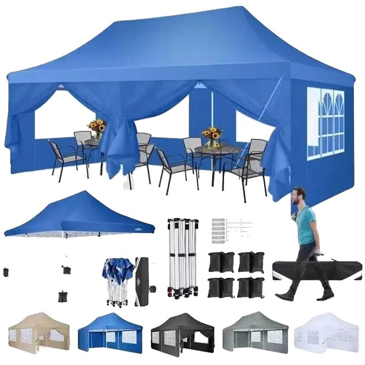 Градински павилион, 3 м x 6 м, водоустойчив, регулируема височина, син, комплект със странични стени