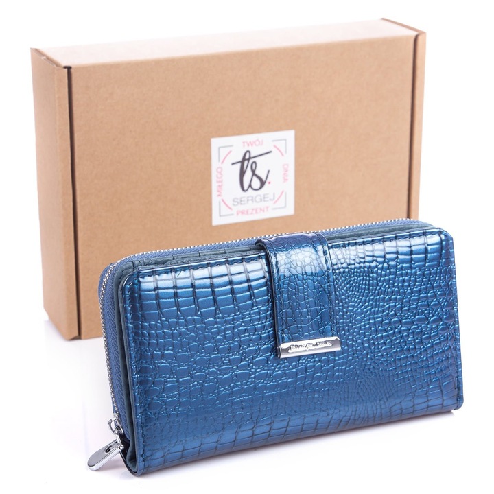Portofel dama Jennifer Jones, albastru, piele naturala, 17x8.5x3cm, cu protectie RFID, set cu cutie eleganta
